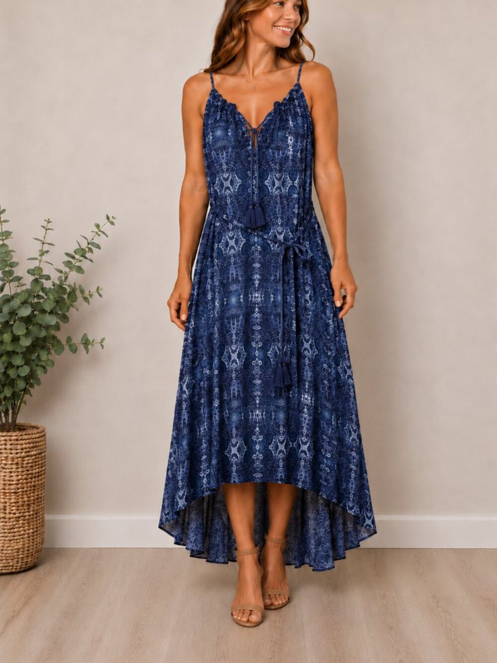 Lucky Brand Boho Blue Chiffon Print Ruffled Neckline Tassel Hi Low Maxi Dress M